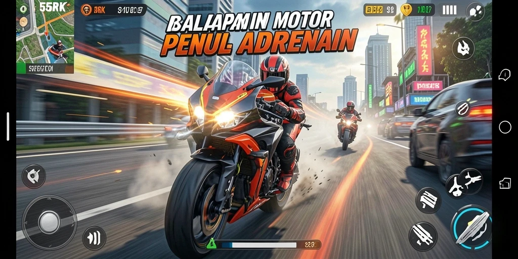 Screenshot utama menunjukkan intensitas balapan motor dalam <strong>55RK</strong>.