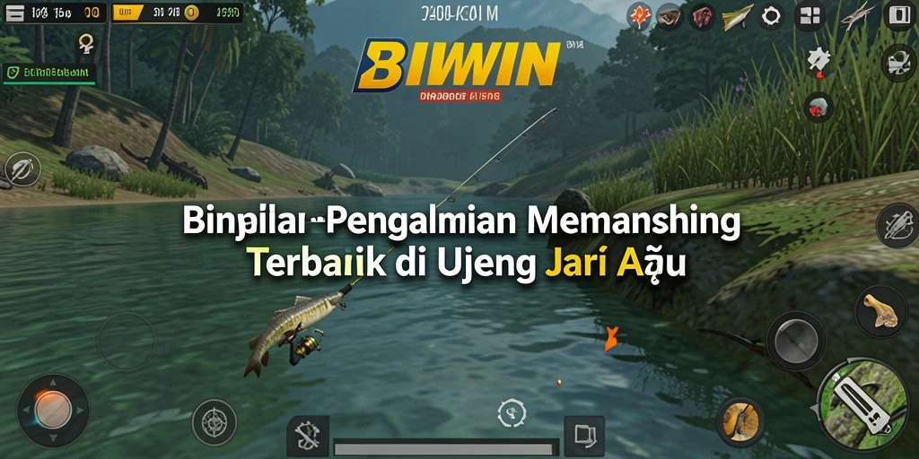 Screenshot gameplay BIWIN menampilkan momen seru saat memancing ikan.
