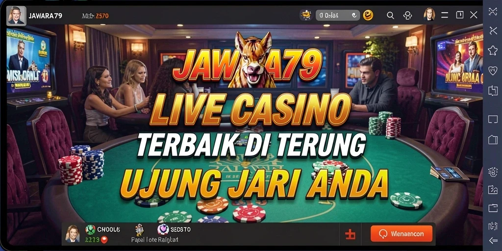 Screenshot gameplay JAWARA79 menampilkan dealer ramah dan meja permainan yang menarik.